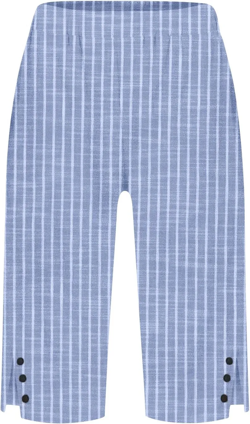 Cotton Linen Capri Pants for Women 2025 Knee Length Summer Capris Straight Leg Loose Beach Bermuda Shorts with Pocket