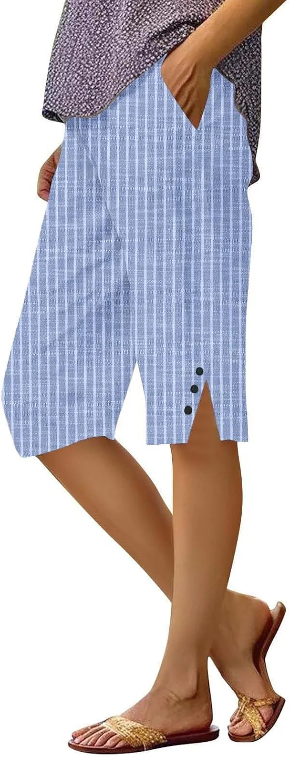 Cotton Linen Capri Pants for Women 2025 Knee Length Summer Capris Straight Leg Loose Beach Bermuda Shorts with Pocket