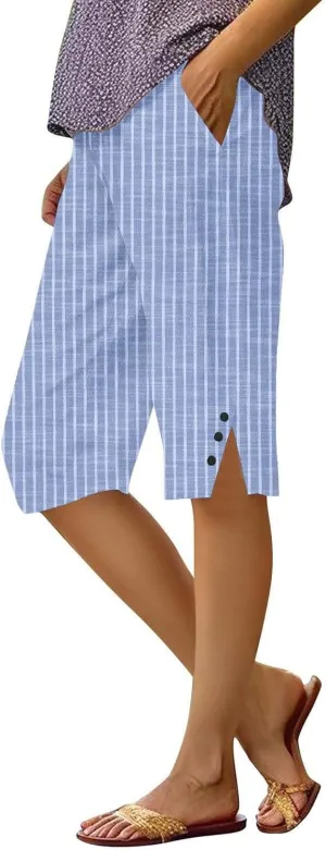 Cotton Linen Capri Pants for Women 2025 Knee Length Summer Capris Straight Leg Loose Beach Bermuda Shorts with Pocket