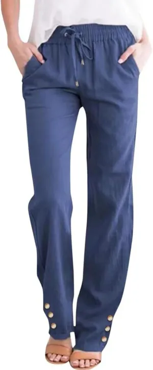 Cotton Linen Pants Women High Waist Trousers with Side Pockets Casual Lightweight Breathable Long Pants for Summer