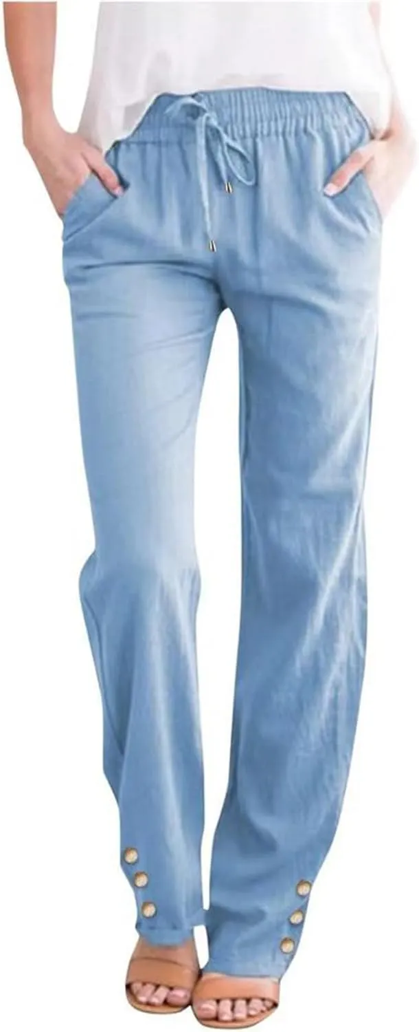 Cotton Linen Pants Women High Waist Trousers with Side Pockets Casual Lightweight Breathable Long Pants for Summer