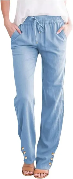 Cotton Linen Pants Women High Waist Trousers with Side Pockets Casual Lightweight Breathable Long Pants for Summer