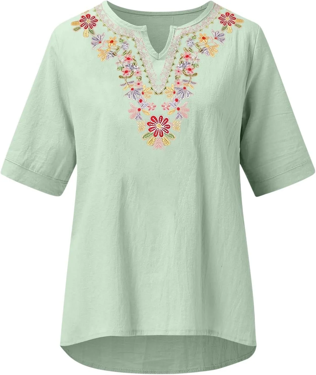 Cotton Linen Shirt for Womens Embroidered V Neck Floral Print Short Sleeve Tshirt Casual Summer Loose Fit Tunic Tops