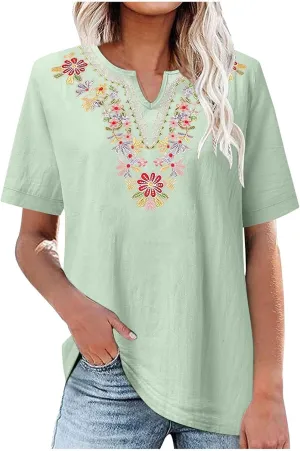 Cotton Linen Shirt for Womens Embroidered V Neck Floral Print Short Sleeve Tshirt Casual Summer Loose Fit Tunic Tops