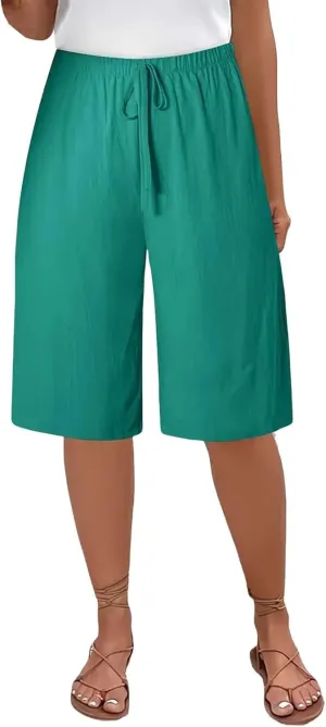 Cotton Linen Shorts for Women Casual Wide Leg Knee Length Summer Bermuda Shorts Loose High Waisted Short with Pockets