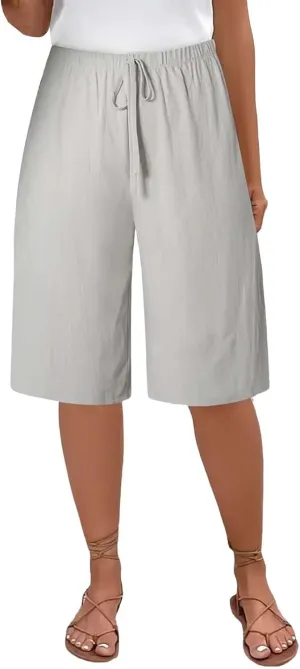 Cotton Linen Shorts for Women Casual Wide Leg Knee Length Summer Bermuda Shorts Loose High Waisted Short with Pockets