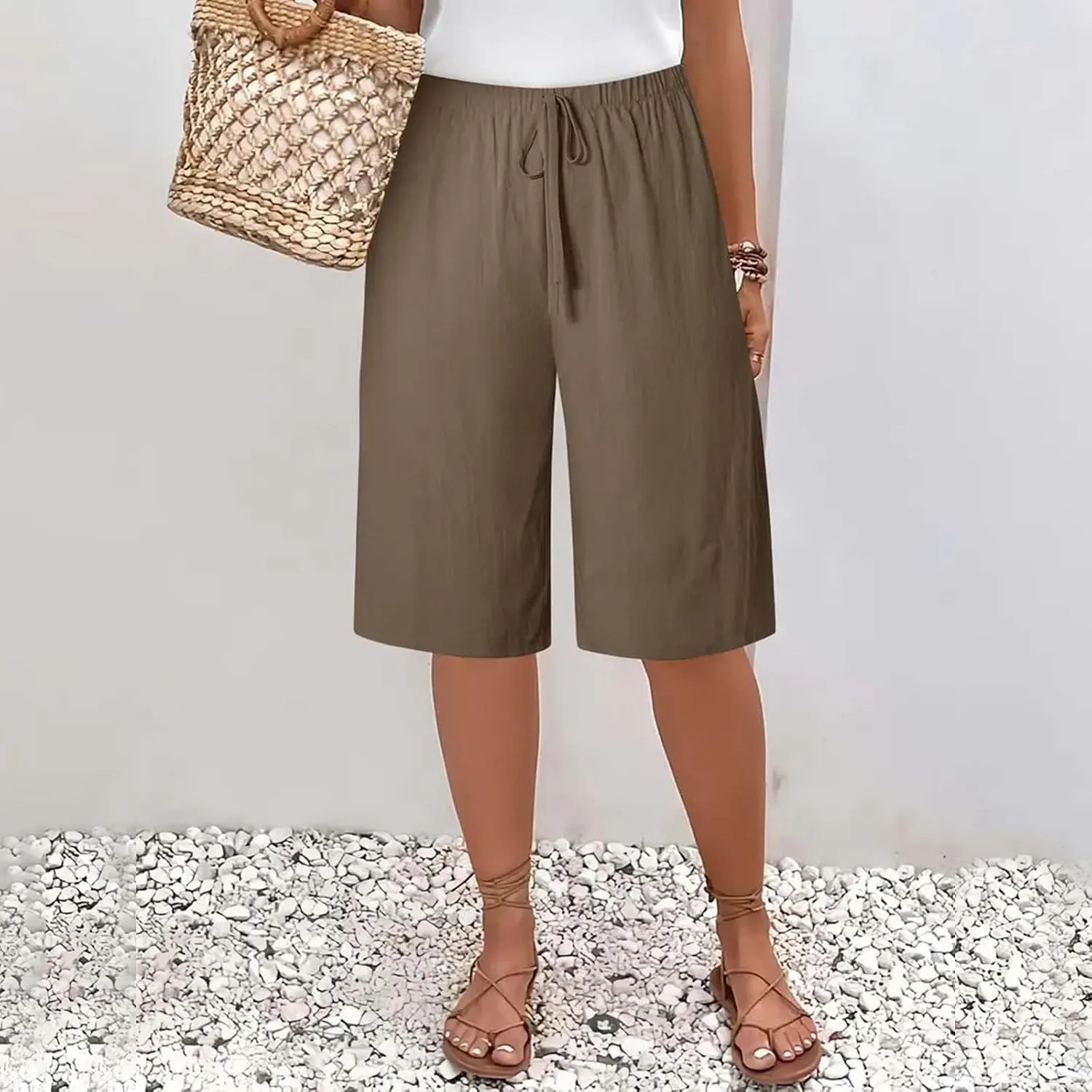 Cotton Linen Shorts for Women Casual Wide Leg Knee Length Summer Bermuda Shorts Loose High Waisted Short with Pockets