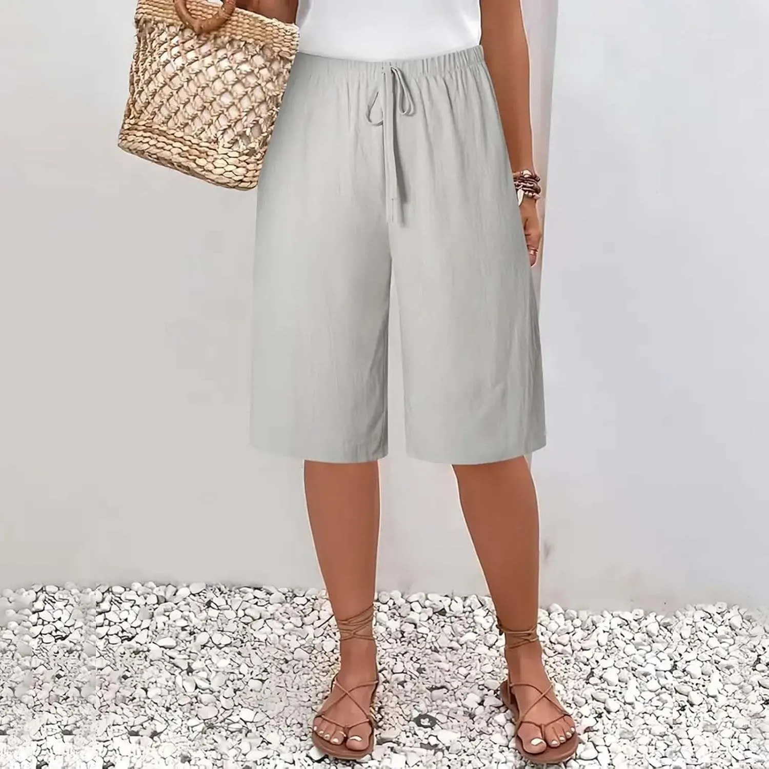 Cotton Linen Shorts for Women Casual Wide Leg Knee Length Summer Bermuda Shorts Loose High Waisted Short with Pockets