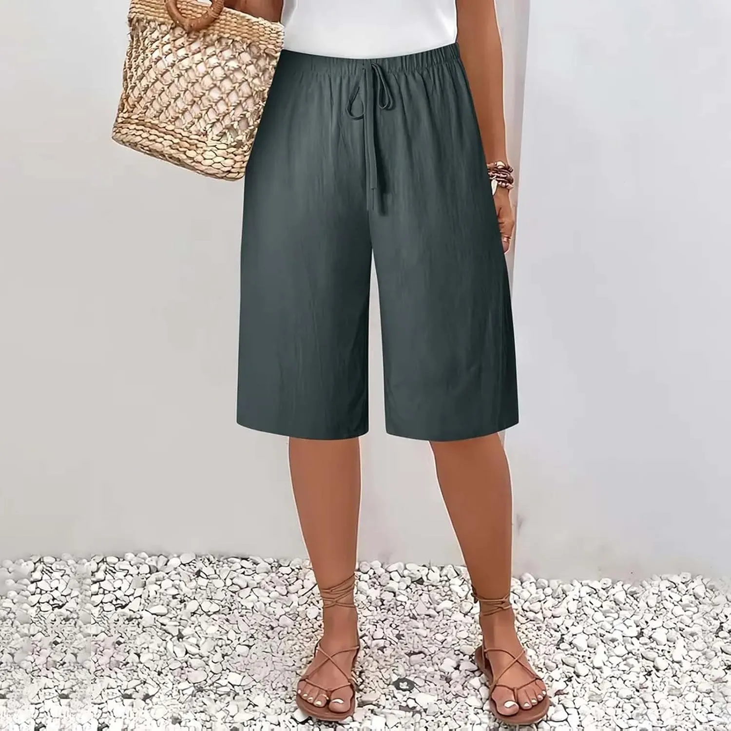 Cotton Linen Shorts for Women Casual Wide Leg Knee Length Summer Bermuda Shorts Loose High Waisted Short with Pockets