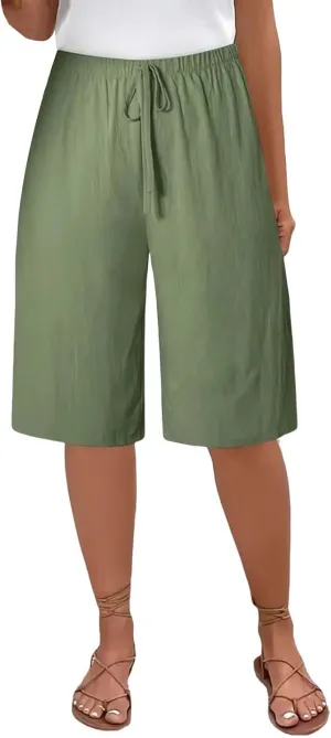 Cotton Linen Shorts for Women Casual Wide Leg Knee Length Summer Bermuda Shorts Loose High Waisted Short with Pockets
