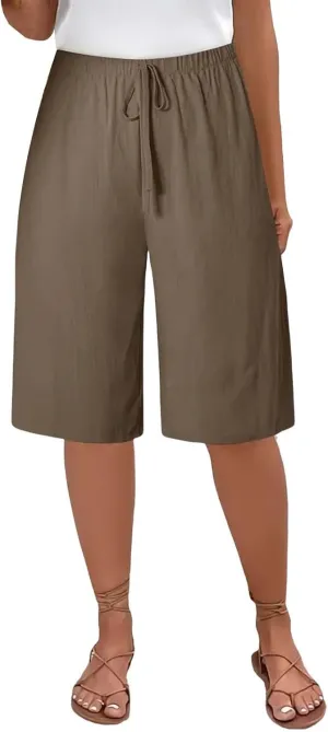 Cotton Linen Shorts for Women Casual Wide Leg Knee Length Summer Bermuda Shorts Loose High Waisted Short with Pockets