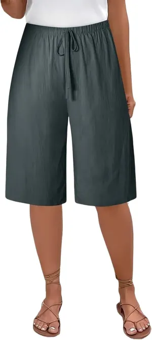 Cotton Linen Shorts for Women Casual Wide Leg Knee Length Summer Bermuda Shorts Loose High Waisted Short with Pockets