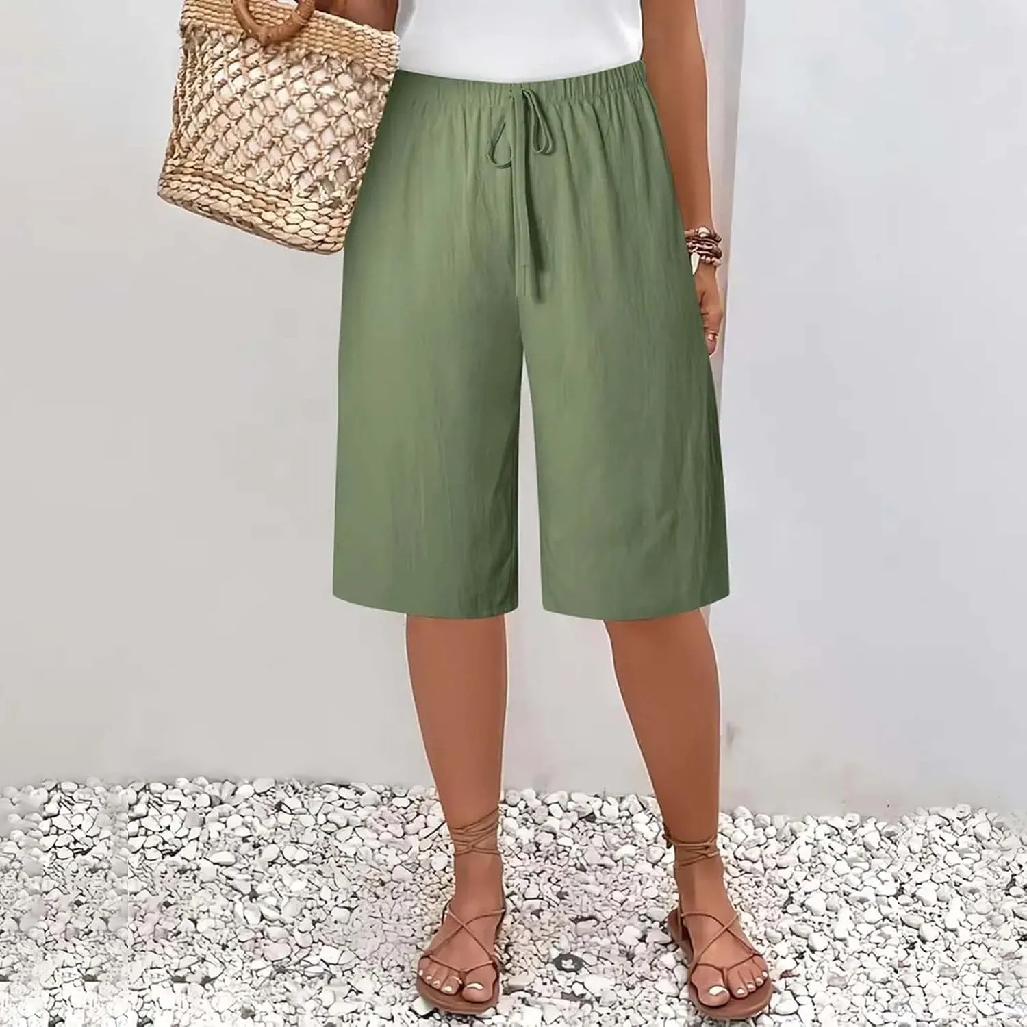 Cotton Linen Shorts for Women Casual Wide Leg Knee Length Summer Bermuda Shorts Loose High Waisted Short with Pockets
