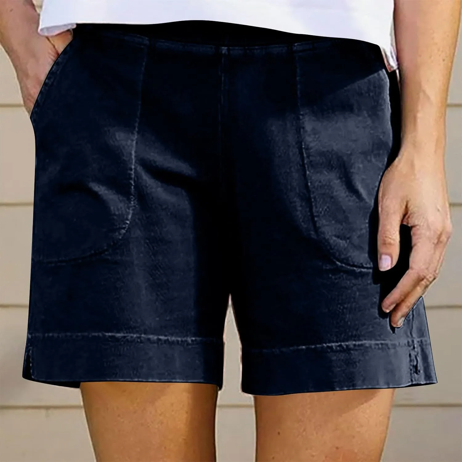 Cotton Shorts for Women Casual 7 Inch Inseam Shorts Summer Elastic Waist Short Vacation Beach Outfits with Pockets