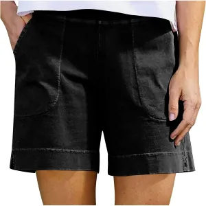 Cotton Shorts for Women Casual 7 Inch Inseam Shorts Summer Elastic Waist Short Vacation Beach Outfits with Pockets