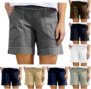 Cotton Shorts for Women Casual 7 Inch Inseam Shorts Summer Elastic Waist Short Vacation Beach Outfits with Pockets