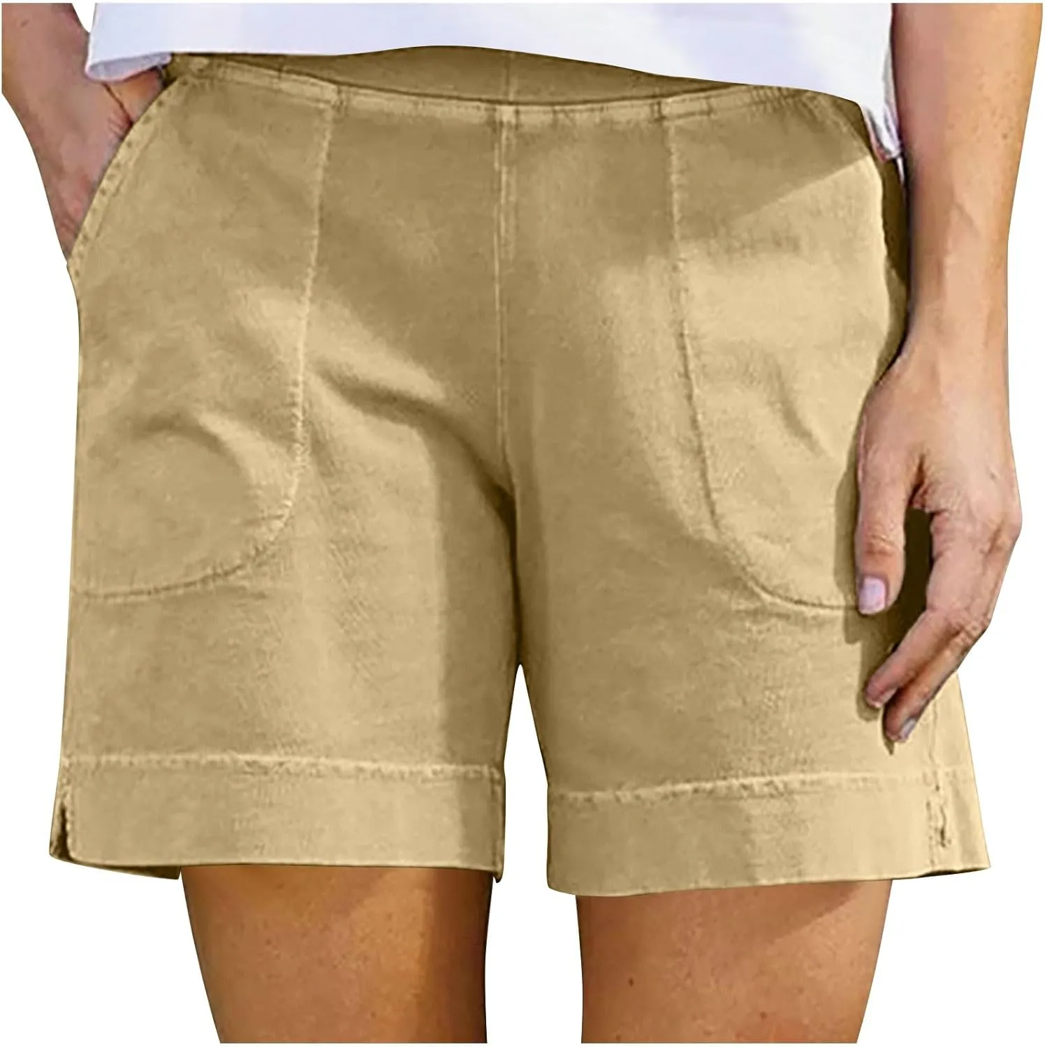 Cotton Shorts for Women Casual 7 Inch Inseam Shorts Summer Elastic Waist Short Vacation Beach Outfits with Pockets