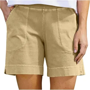 Cotton Shorts for Women Casual 7 Inch Inseam Shorts Summer Elastic Waist Short Vacation Beach Outfits with Pockets