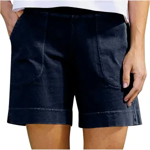 Cotton Shorts for Women Casual 7 Inch Inseam Shorts Summer Elastic Waist Short Vacation Beach Outfits with Pockets