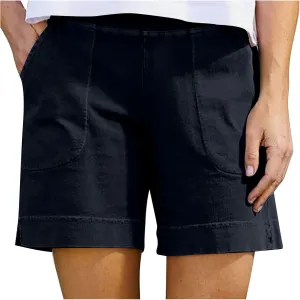 Cotton Shorts for Women Casual 7 Inch Inseam Shorts Summer Elastic Waist Short Vacation Beach Outfits with Pockets