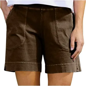 Cotton Shorts for Women Casual 7 Inch Inseam Shorts Summer Elastic Waist Short Vacation Beach Outfits with Pockets