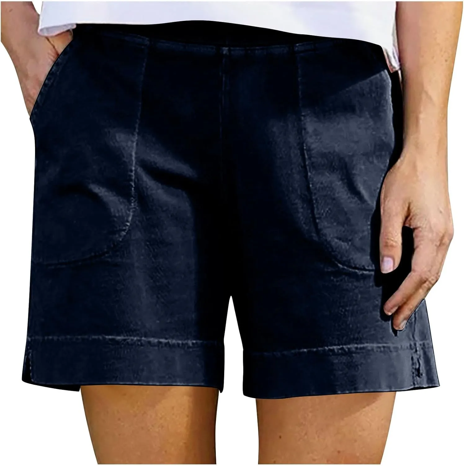 Cotton Shorts for Women Casual 7 Inch Inseam Shorts Summer Elastic Waist Short Vacation Beach Outfits with Pockets