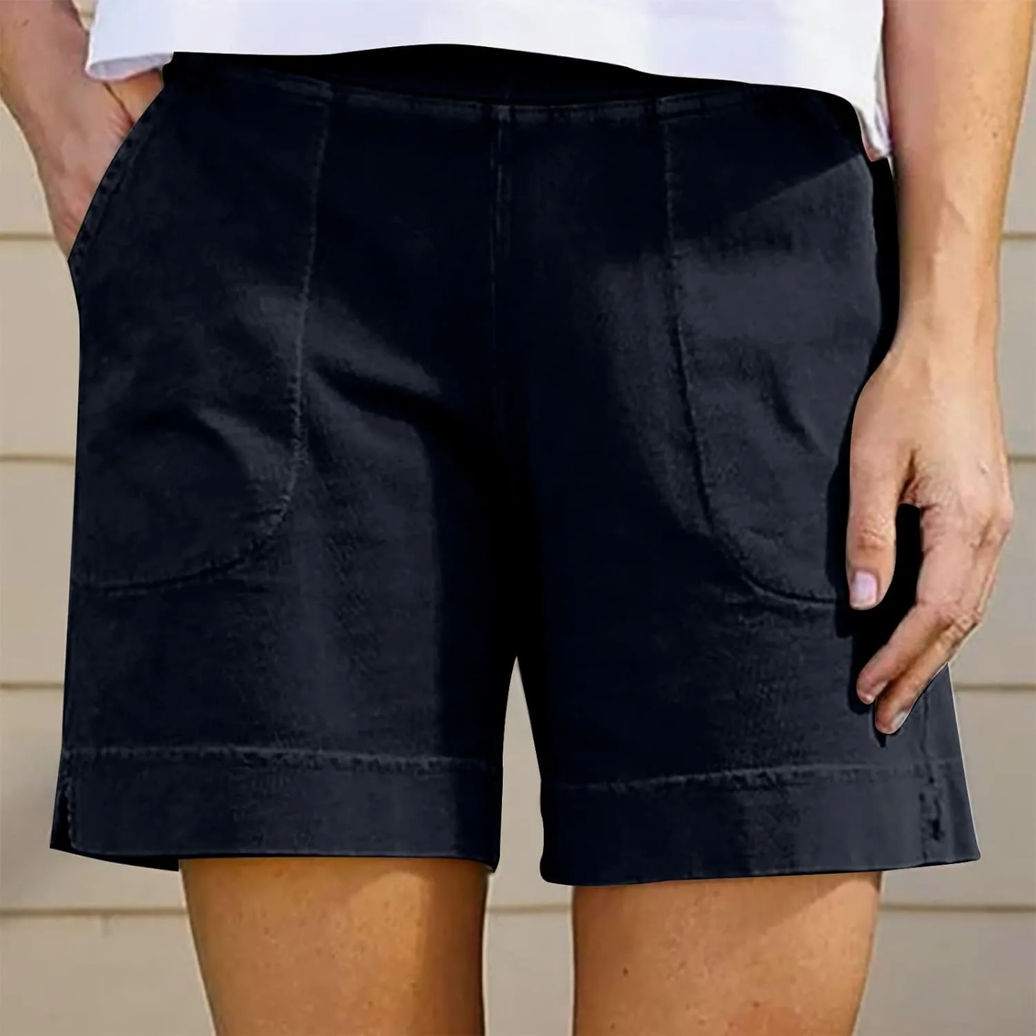 Cotton Shorts for Women Casual 7 Inch Inseam Shorts Summer Elastic Waist Short Vacation Beach Outfits with Pockets