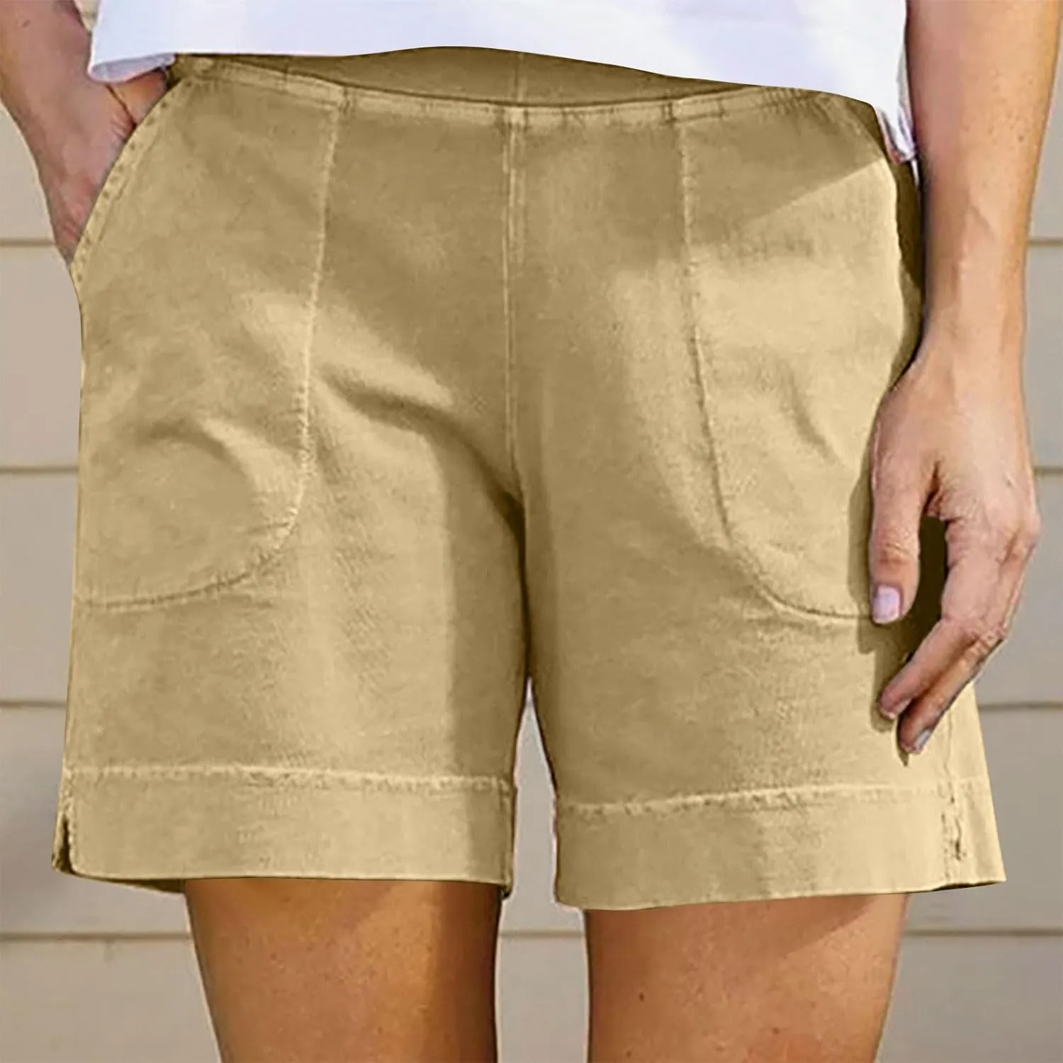 Cotton Shorts for Women Casual 7 Inch Inseam Shorts Summer Elastic Waist Short Vacation Beach Outfits with Pockets