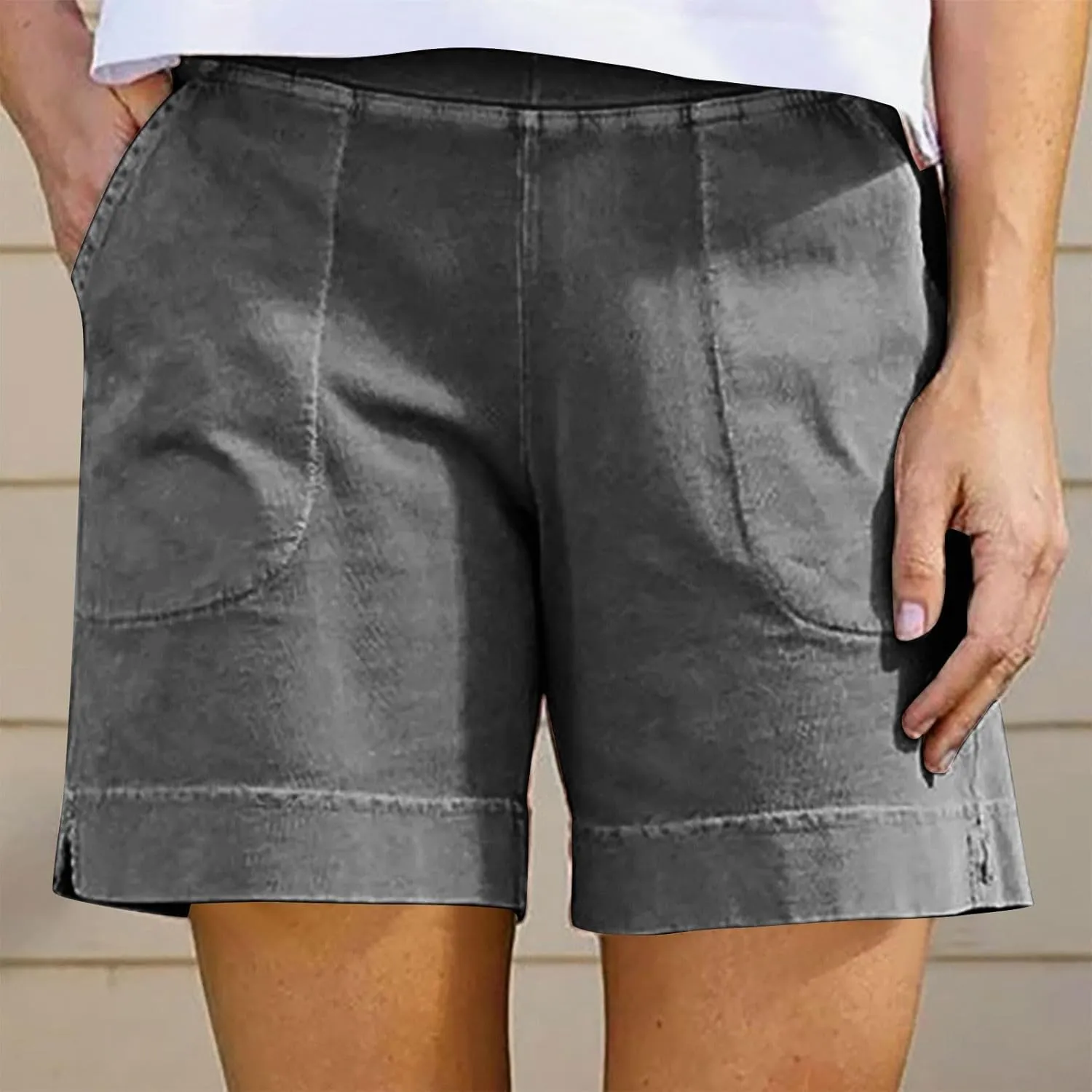 Cotton Shorts for Women Casual 7 Inch Inseam Shorts Summer Elastic Waist Short Vacation Beach Outfits with Pockets