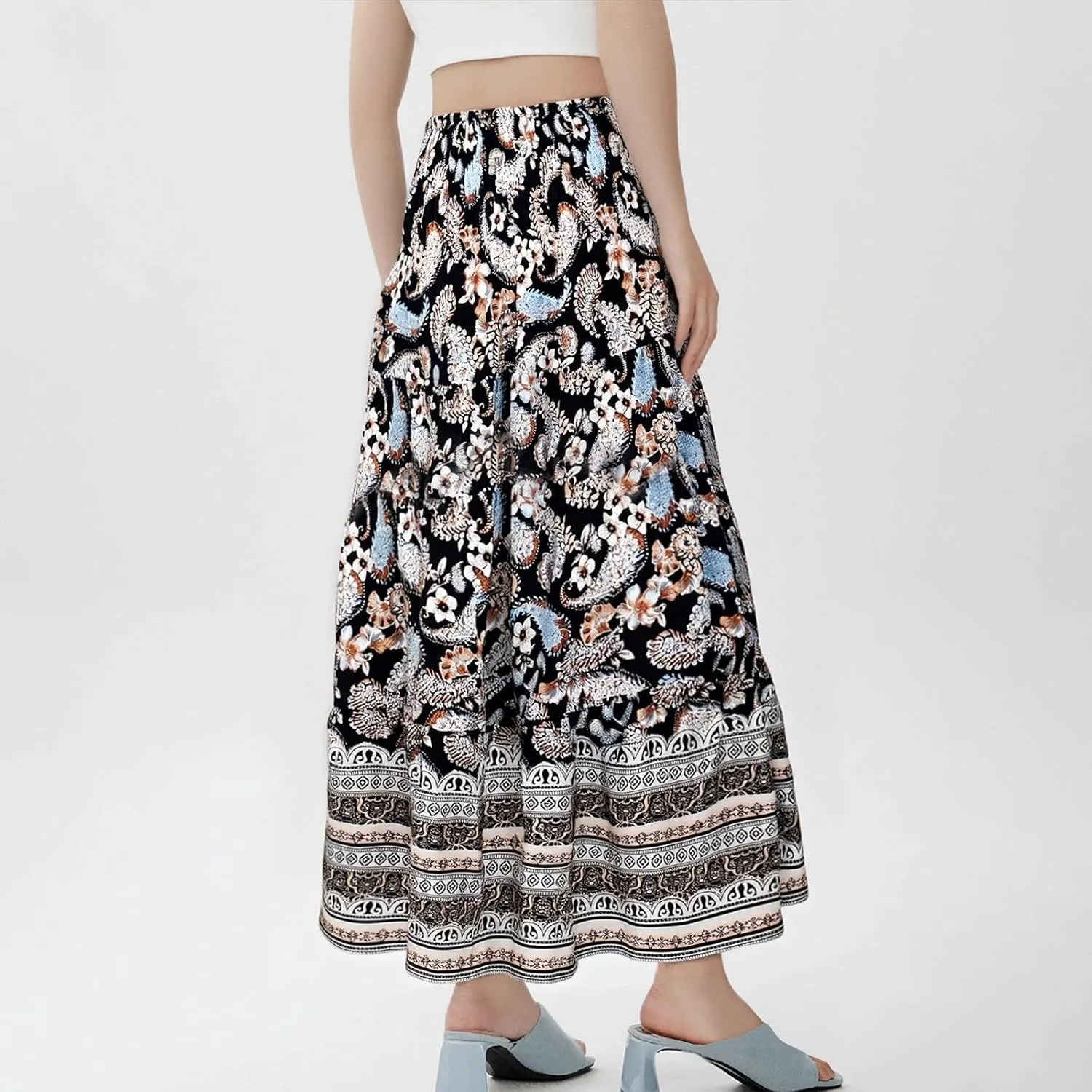 Cute Summer Skirts for Women Beach Maxi Skirt Drawstring High Waisted Smocked Tiered A Line Flowy Long Beach Skirt