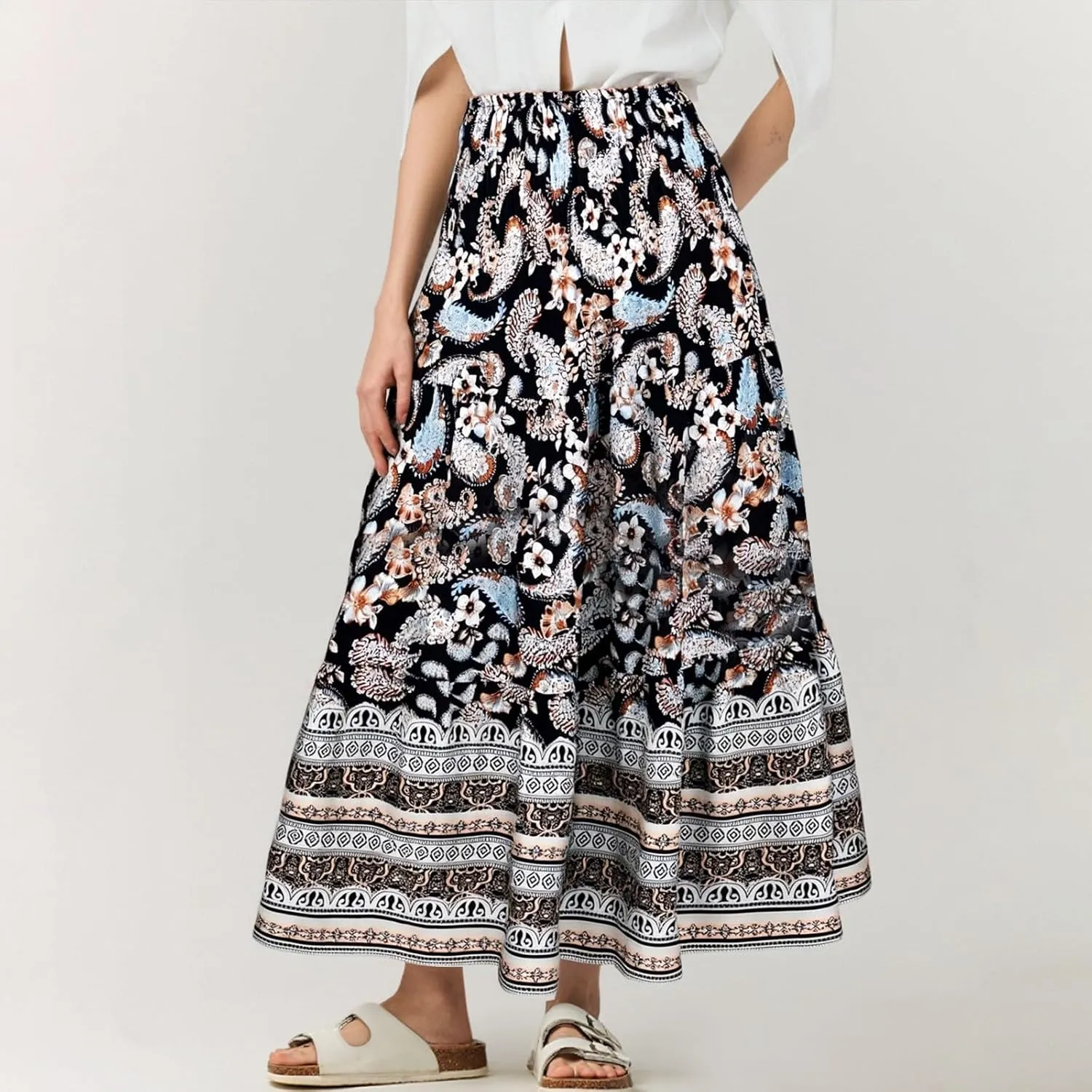 Cute Summer Skirts for Women Beach Maxi Skirt Drawstring High Waisted Smocked Tiered A Line Flowy Long Beach Skirt