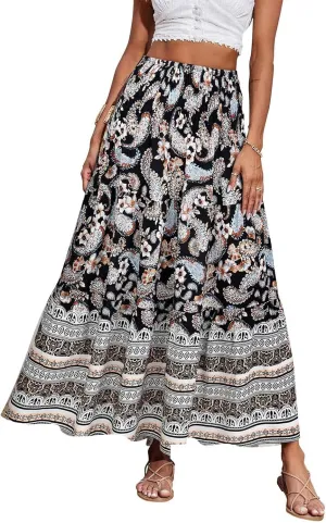 Cute Summer Skirts for Women Beach Maxi Skirt Drawstring High Waisted Smocked Tiered A Line Flowy Long Beach Skirt