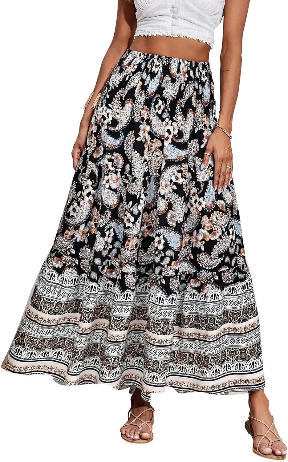Cute Summer Skirts for Women Beach Maxi Skirt Drawstring High Waisted Smocked Tiered A Line Flowy Long Beach Skirt