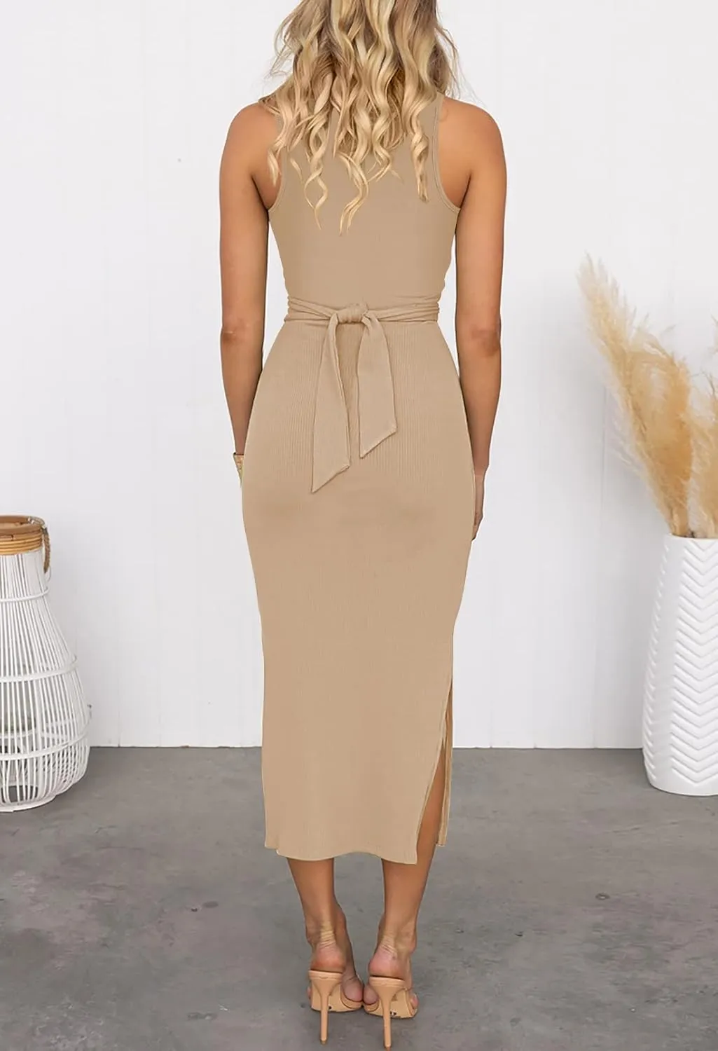 Duigluw Women's Summer Knit Sleeveless Crosscriss Cutout Ruched Bodycon Midi Dress with Slit