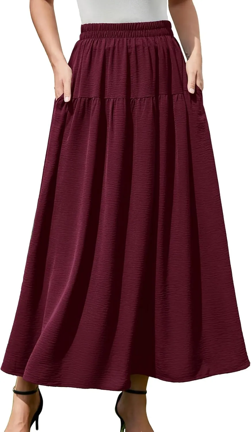 EeYu Tiered Maxi Skirt for Women 2025 Summer Elastic Waist A-line Beach Casual Flowy Swing Pleated Long Skirts with Pockets