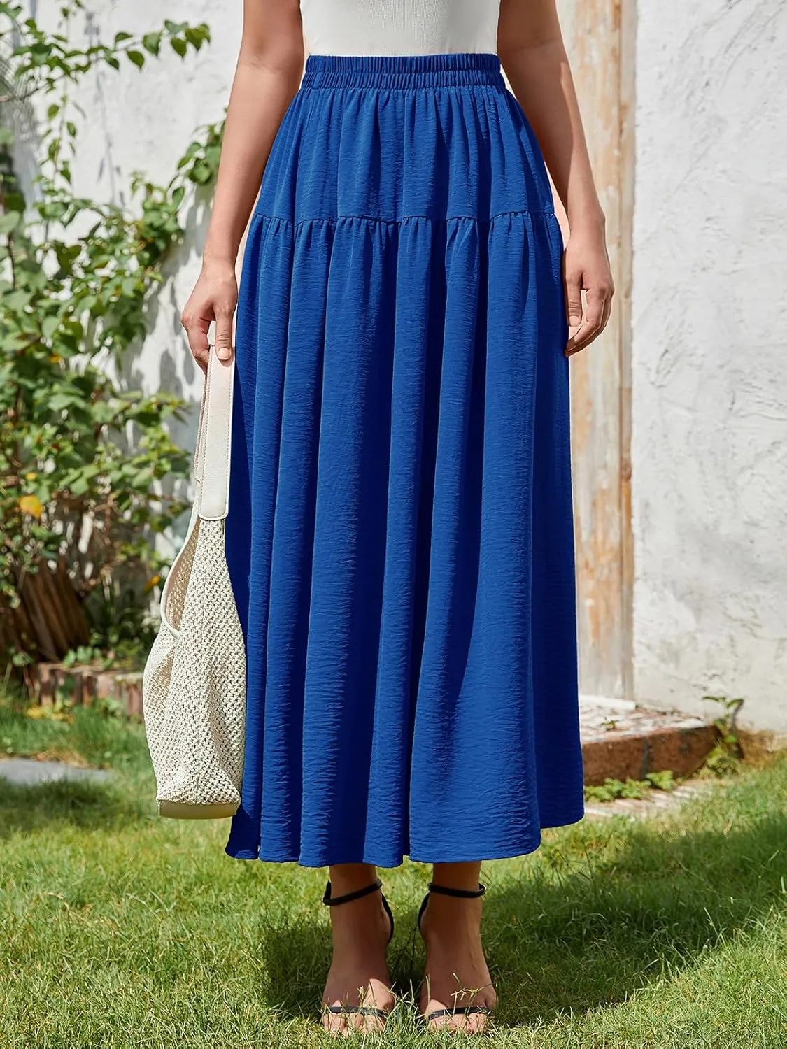 EeYu Tiered Maxi Skirt for Women 2025 Summer Elastic Waist A-line Beach Casual Flowy Swing Pleated Long Skirts with Pockets