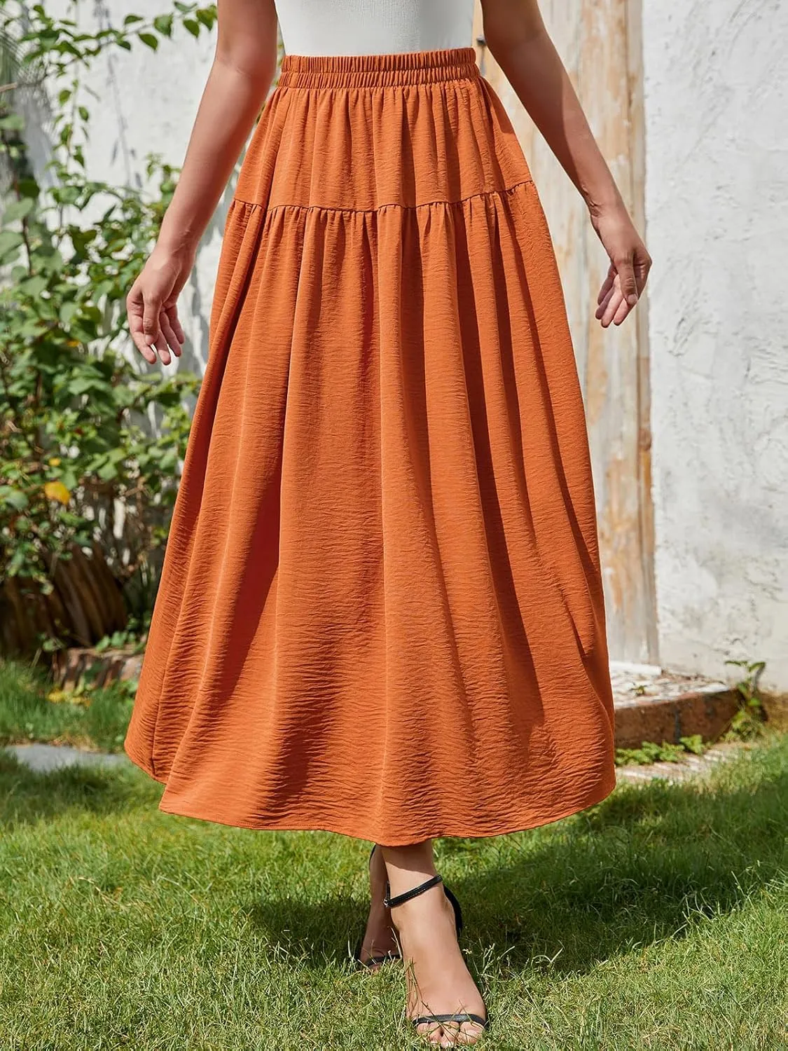 EeYu Tiered Maxi Skirt for Women 2025 Summer Elastic Waist A-line Beach Casual Flowy Swing Pleated Long Skirts with Pockets