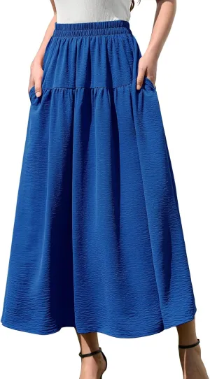 EeYu Tiered Maxi Skirt for Women 2025 Summer Elastic Waist A-line Beach Casual Flowy Swing Pleated Long Skirts with Pockets