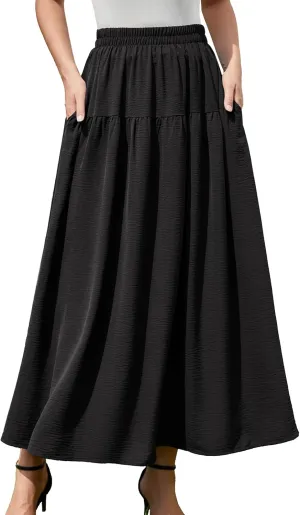 EeYu Tiered Maxi Skirt for Women 2025 Summer Elastic Waist A-line Beach Casual Flowy Swing Pleated Long Skirts with Pockets