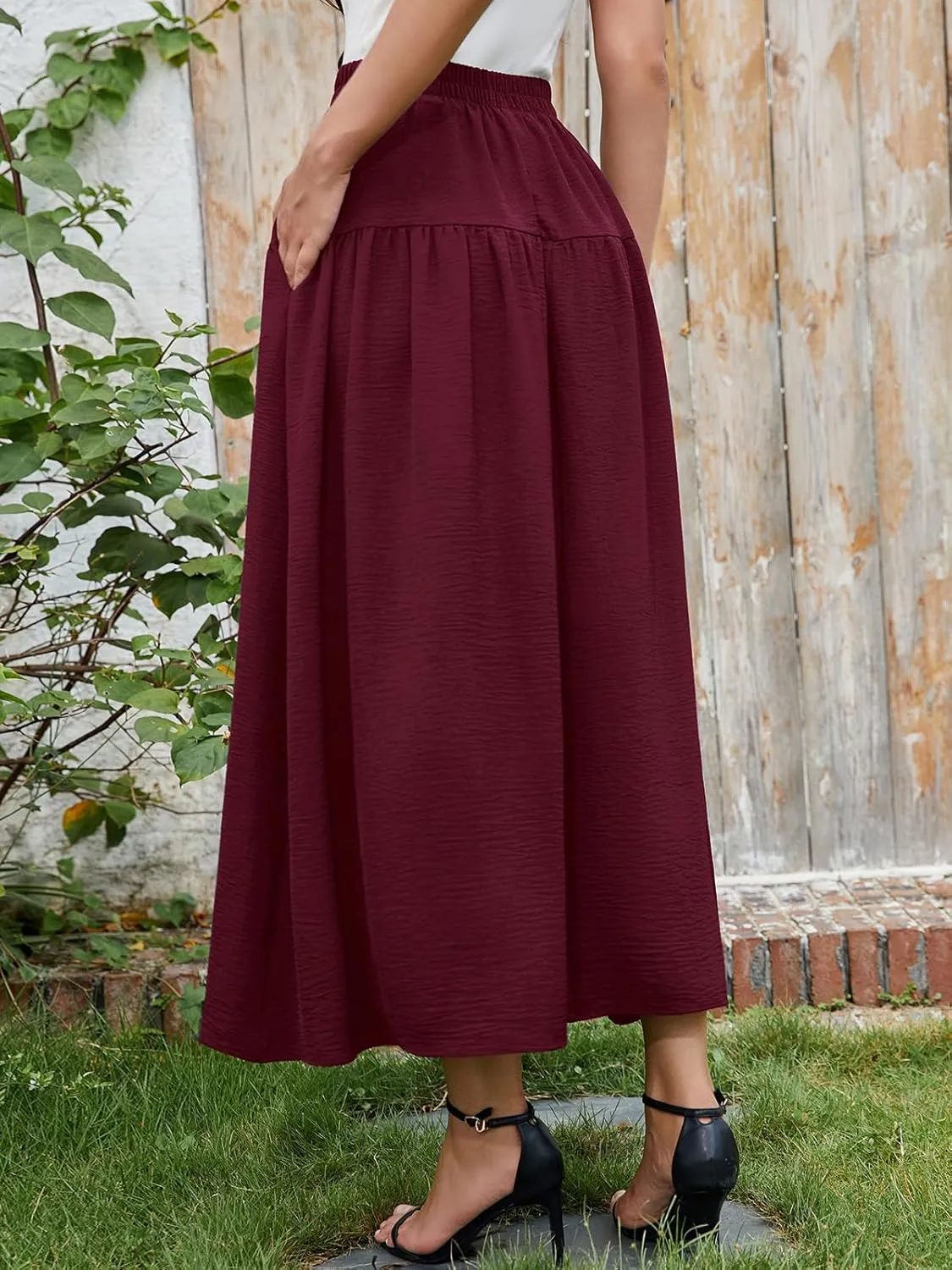 EeYu Tiered Maxi Skirt for Women 2025 Summer Elastic Waist A-line Beach Casual Flowy Swing Pleated Long Skirts with Pockets