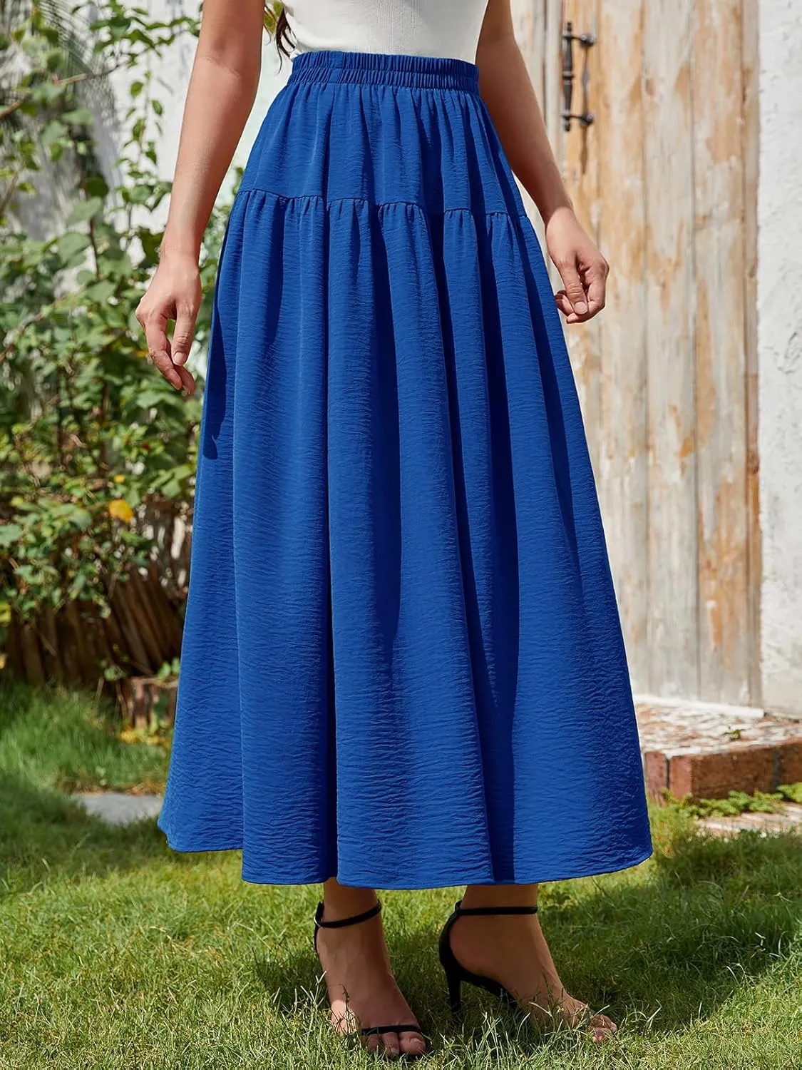 EeYu Tiered Maxi Skirt for Women 2025 Summer Elastic Waist A-line Beach Casual Flowy Swing Pleated Long Skirts with Pockets