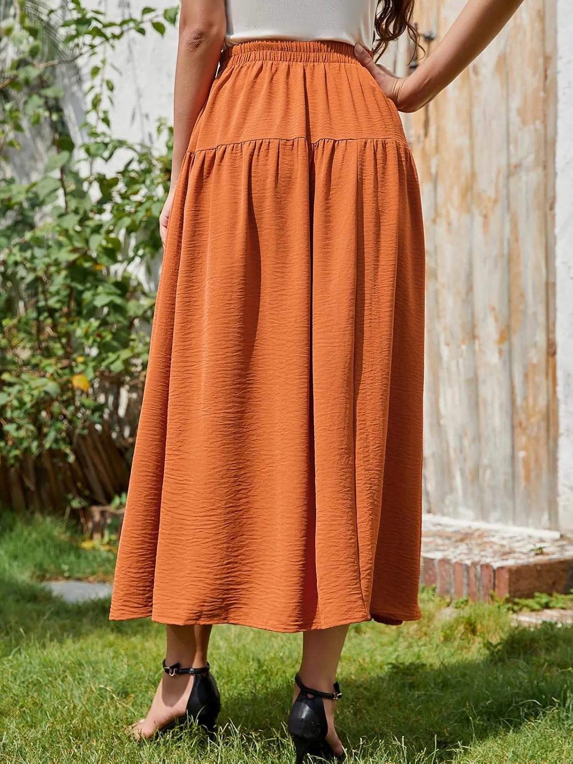 EeYu Tiered Maxi Skirt for Women 2025 Summer Elastic Waist A-line Beach Casual Flowy Swing Pleated Long Skirts with Pockets
