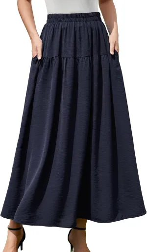 EeYu Tiered Maxi Skirt for Women 2025 Summer Elastic Waist A-line Beach Casual Flowy Swing Pleated Long Skirts with Pockets