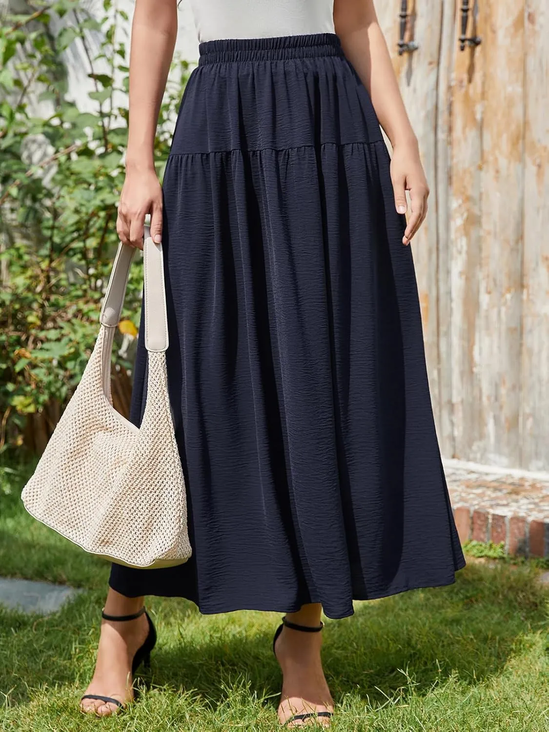 EeYu Tiered Maxi Skirt for Women 2025 Summer Elastic Waist A-line Beach Casual Flowy Swing Pleated Long Skirts with Pockets