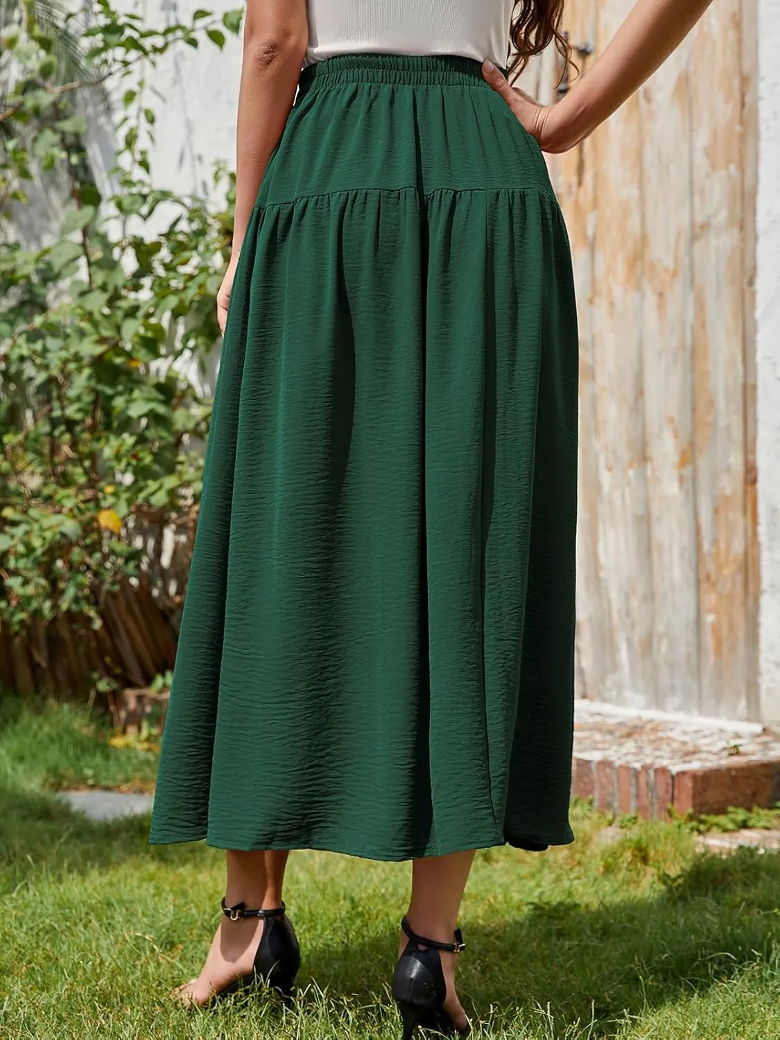 EeYu Tiered Maxi Skirt for Women 2025 Summer Elastic Waist A-line Beach Casual Flowy Swing Pleated Long Skirts with Pockets