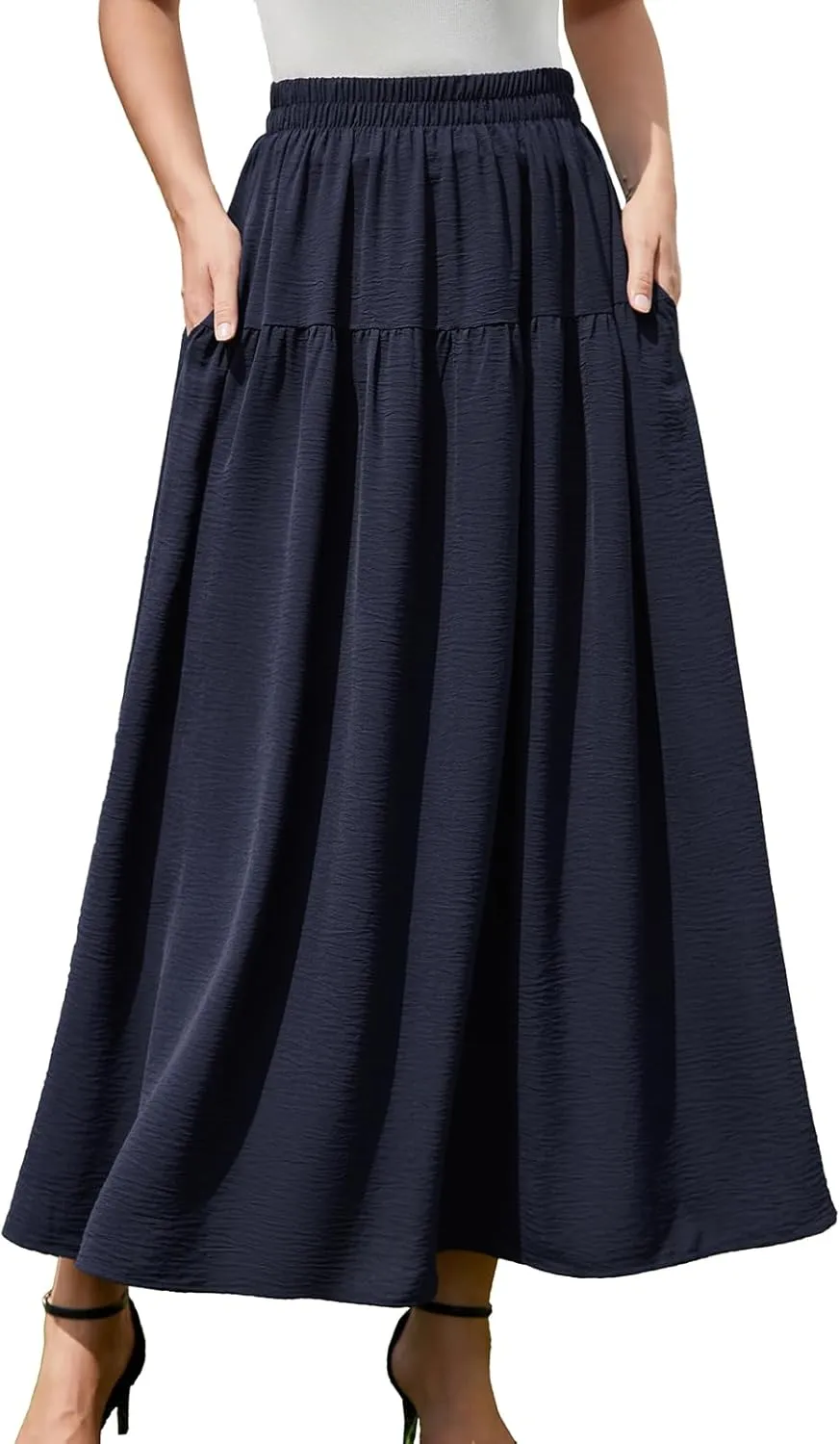 EeYu Tiered Maxi Skirt for Women 2025 Summer Elastic Waist A-line Beach Casual Flowy Swing Pleated Long Skirts with Pockets