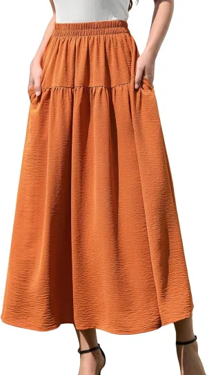EeYu Tiered Maxi Skirt for Women 2025 Summer Elastic Waist A-line Beach Casual Flowy Swing Pleated Long Skirts with Pockets