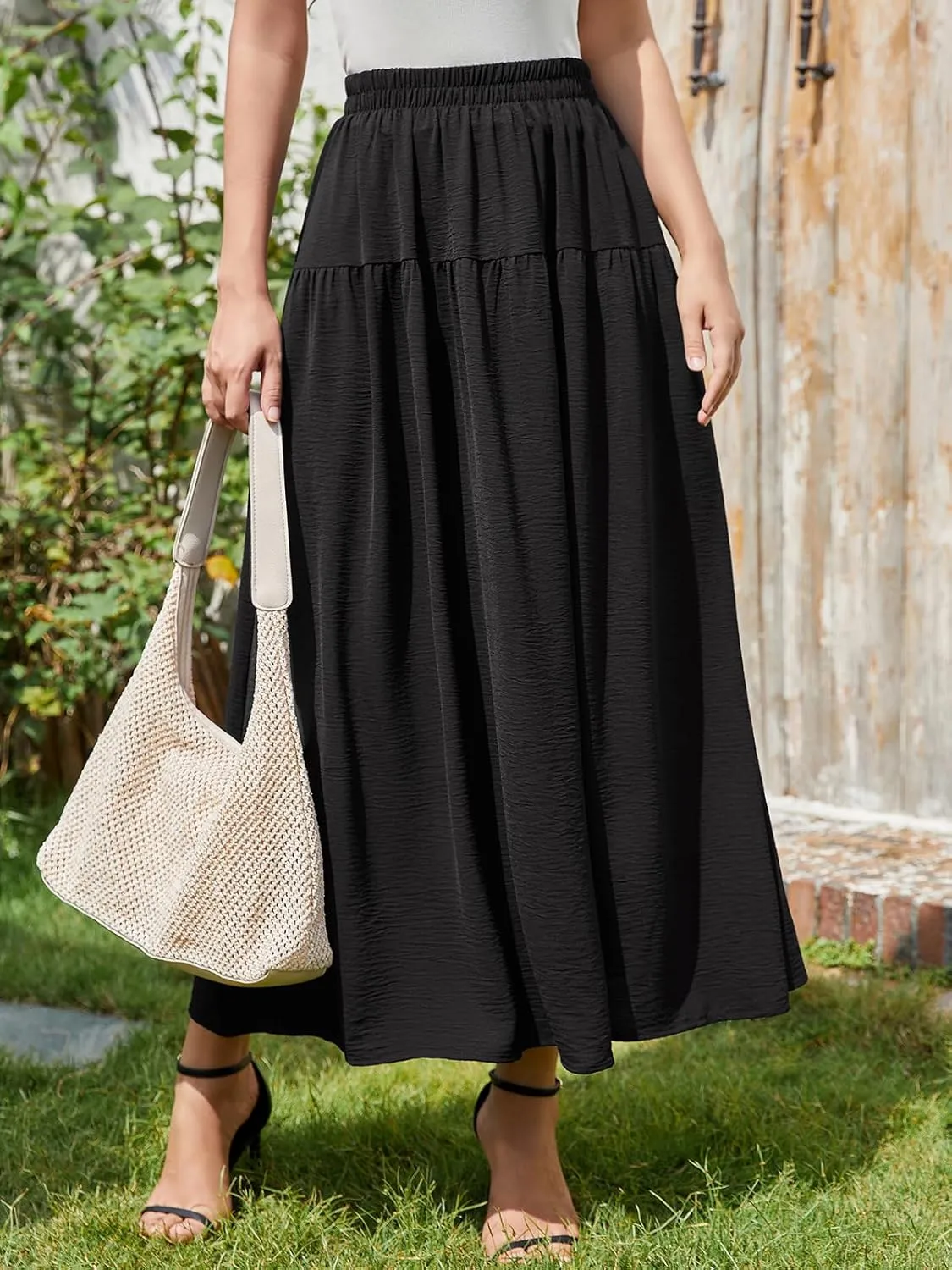EeYu Tiered Maxi Skirt for Women 2025 Summer Elastic Waist A-line Beach Casual Flowy Swing Pleated Long Skirts with Pockets