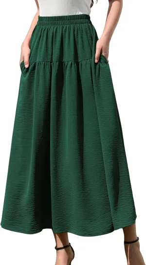 EeYu Tiered Maxi Skirt for Women 2025 Summer Elastic Waist A-line Beach Casual Flowy Swing Pleated Long Skirts with Pockets