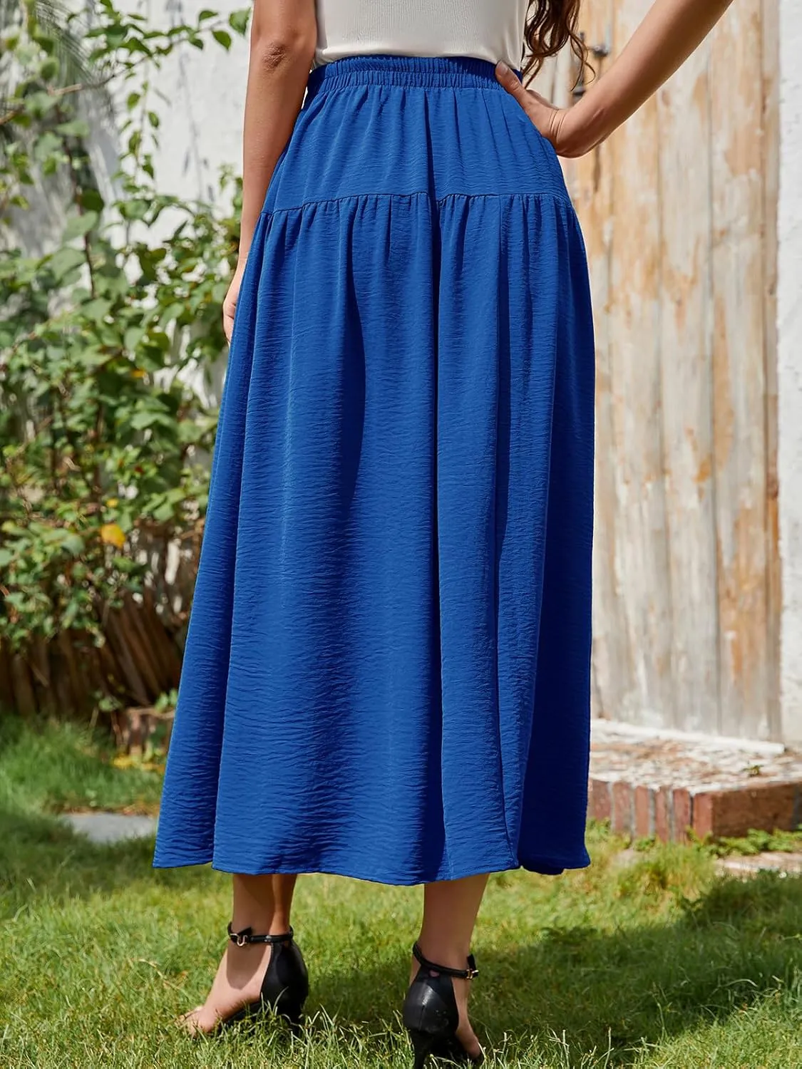 EeYu Tiered Maxi Skirt for Women 2025 Summer Elastic Waist A-line Beach Casual Flowy Swing Pleated Long Skirts with Pockets